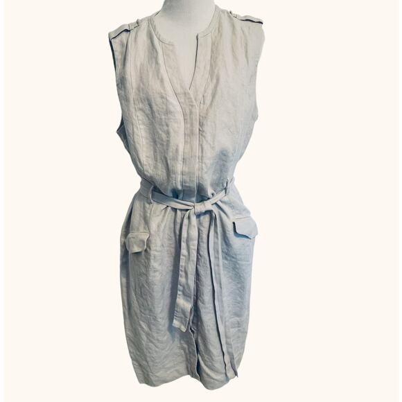 Talbots 100% Linen Belted Dress Women's Size 6 Gray Pockets Coastal Button - Picture 1 of 8